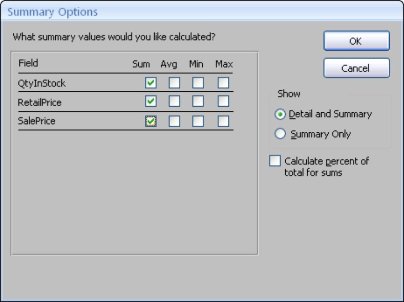 Selecting the summary options